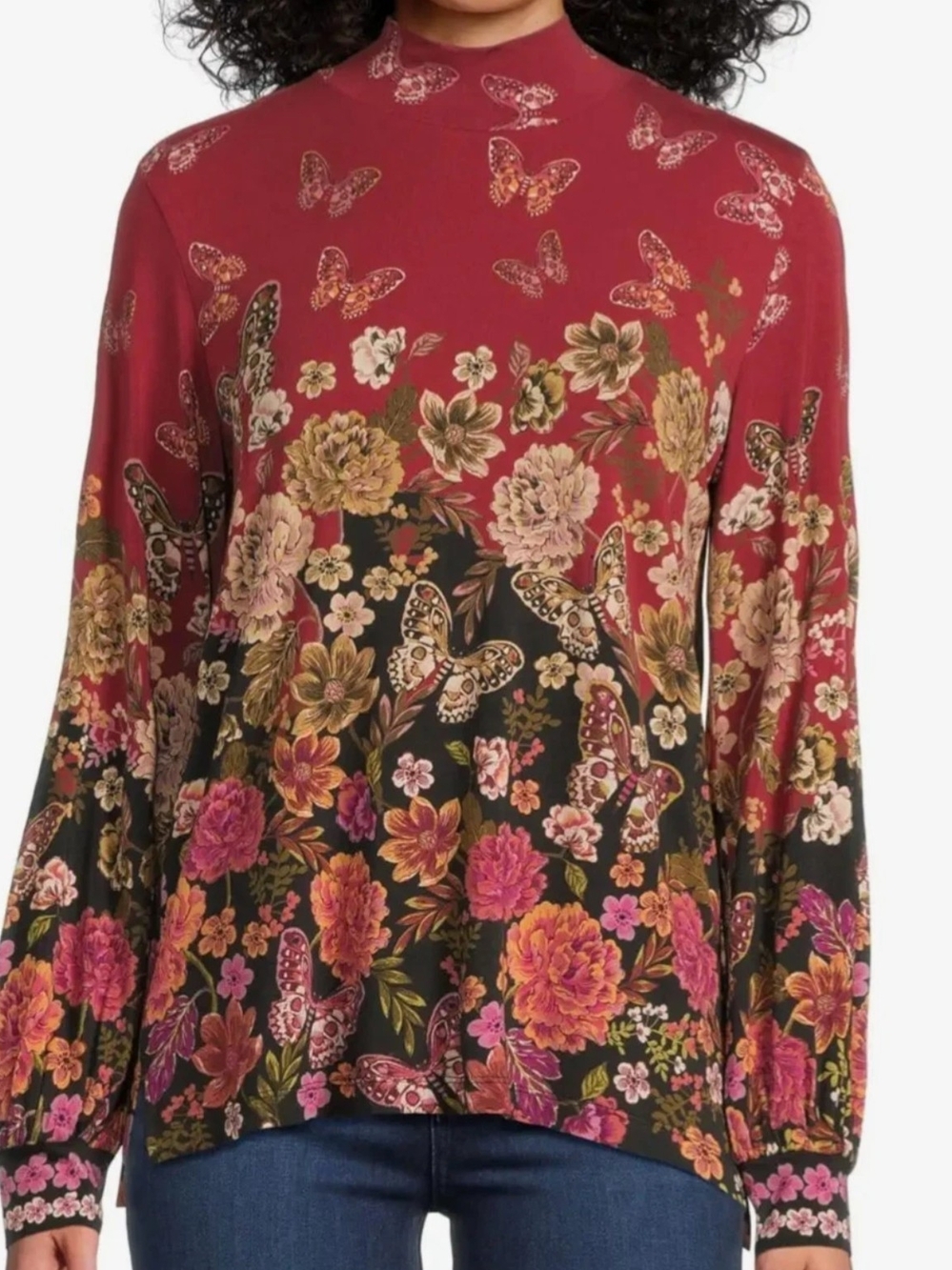 New L Johnny Was Janie Karie Mock Neck Red Butterfly Top